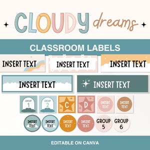Edytowalne szablony etykiet klasowych, organizacja klasowa Rainbow, etykiety na pojemniki i szuflady klasowe, etykiety na skrzynki narzędziowe nauczyciela, motyw Cloud Classroom