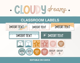 Plantillas editables de etiquetas para el aula, organización del aula con arcoíris, etiquetas para contenedores y cajones, etiquetas para la caja de herramientas del profesor, tema de aula en la nube