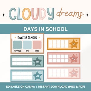 Classroom Days at School Display, Days in School Tally Chart, 100 Days of School Counting Chart, Printable Rainbow Classroom Counting Decor