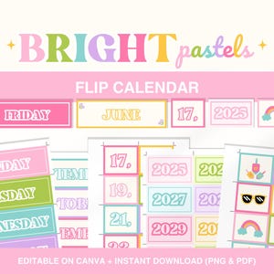 Classroom Flip Calendar Display, Colorful Pastel Decor, Daily Classroom Calendar, Editable Printable Classroom Management, Canva Template