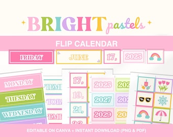Affichage du calendrier à rabat pour la salle de classe, décoration pastel colorée, calendrier quotidien de la classe, gestion de la classe imprimable, modifiable, modèle sur toile