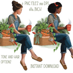 Plant Lady Clipart, Mujer con plantas, Clipart de jardinería de primavera, Afro Woman PNG, Sublimación, Diseño de primavera, Diseño de verano,