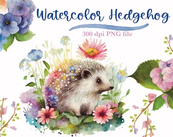 Whimsical Hedgehog with Spring Flowers Watercolor Clipart, 300 dpi PNG Instant Download