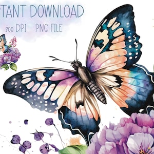Aquarell Schmetterling mit Hortensien Clipart, florale Clipart mit Schmetterling, ätherische Schmetterling Clipart, wunderliche sofortiger download