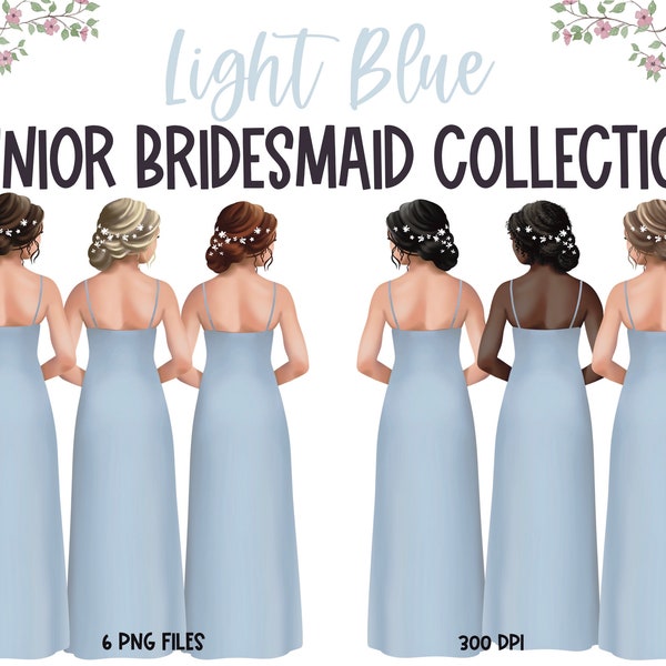 Light Blue Dress Junior Bridesmaid Clipart Bundle with 6 Hair and Skin Options, 300 dpi png files, instant download