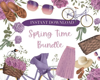 Spring clipart, purple flowers, bicycle illustration, basket of flowers, fashion girl planner stickers, roses, Easter design, farmers market