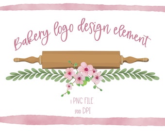 Bakery logo design, rolling pin and flowers png, sweet baking branding, pink floral baking art