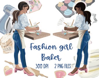 Fashion girl baking png, watercolor bakery clipart, woman chef at home bakery