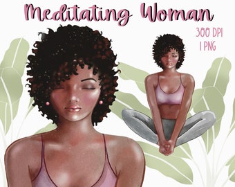 Watercolor woman meditating clip art, African American yoga clipart, self care sublimation, meditation illustration