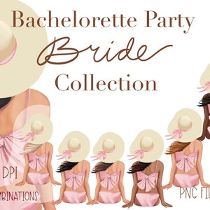 Mariée en bikini rose et chapeau souple, plage bachelorette clipart, croisière et filles vaca png, bundle clipart meilleurs amis