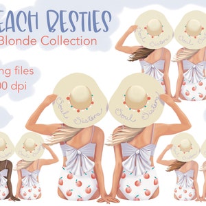 Aquarell Soul Sister Clipart, blonde Frau mit bester Freundin, schlampige Strandmütze Clipart, zwei beste Freunde Clipart, Schwestern am Strand