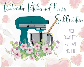 Kitchenaid mixer sublimation, bakery png file, floral bakery logo design, baking clipart with flowers, Teal kitchen printable art