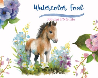 Watercolor foal clipart, whimsical watercolor pony instant download, horse with wildflowers