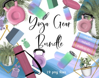 Yoga gear and equipment clipart, pink green and purple watercolor yoga illustrations, commercial use, personal fitness clipart