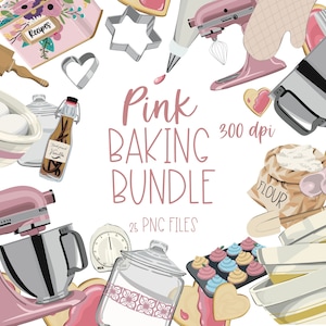 Bakken clipart bundel, roze keuken accessoires, vintage keuken clipart, koekje en cake decoratie illustratie