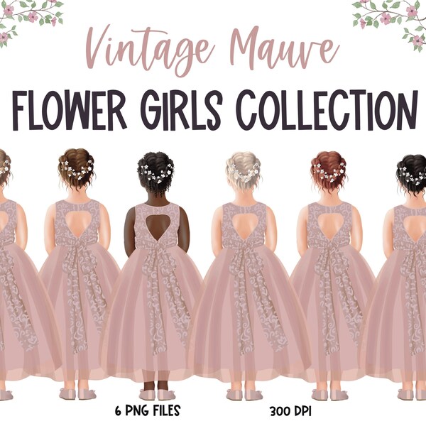 Pink Flower girl clipart, Flower girls in mauve dresses, personalized wedding party, customize in your wedding colors,