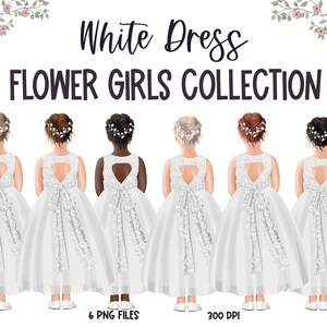 Weißes Blumenmädchen Kleid Clipart Bündel. 6 Haar- und Hautton-Farbkombinationen. Anpassbare Hochzeit Clipart. Sofortiger Download