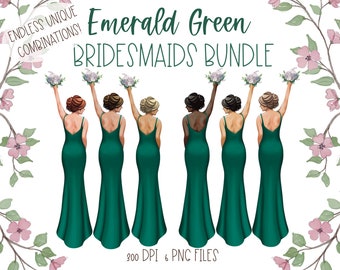 Bridesmaid clipart, emerald green bridesmaid dresses, wedding clipart, customizable bridal party, best friends clipart