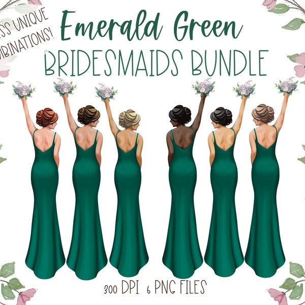 Clipart de dama de honor, vestidos de dama de honor verde esmeralda, clipart de boda, fiesta nupcial personalizable, clipart de mejores amigos