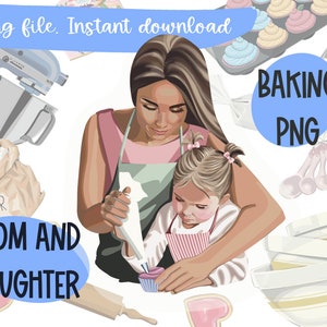 Clipart de mãe e filha assando, clipart de Dia das Mães, mãe e filha, clipart de decoração de cupcake