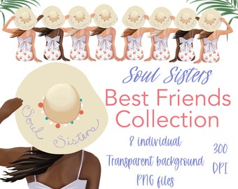 Soul sisters customizable best friends clipart, personalize bffs, best friends in bikinis, girls beach trip, summer clipart