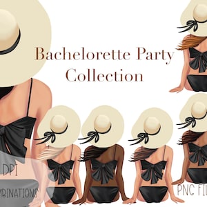 Femme en bikini noir et chapeau disquette, plage bachelorette clipart, croisière et filles vaca png, bundle clipart meilleurs amis