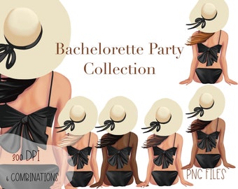 Woman in black bikini and floppy hat, beach bachelorette clipart, cruise and girls vaca png, best friends clipart bundle