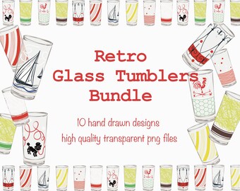 Retro glassware clipart, 50s bar glasses clipart, kitschy kitchen clipart, retro juice glasses illustration, vintage kitchen art printable