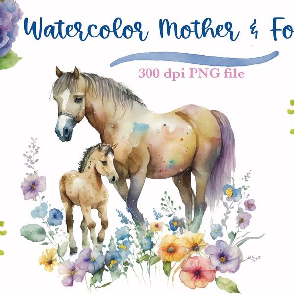 Watercolor mother horse and foal clipart, whimsical floral horse clipart, sublimation design