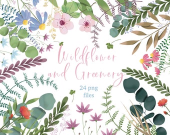 Wildflower sprigs clipart, painted flower clip art for borders and wreaths, spring flowers and greenery