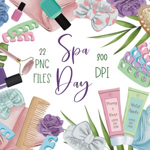 Forfait clipart de jour spa tropical, illustrations de soins personnels peintes à la main pour les autocollants de planificateur et la sublimation