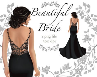 Bride in a black wedding dress clipart, black wedding gown, black hair bride png file