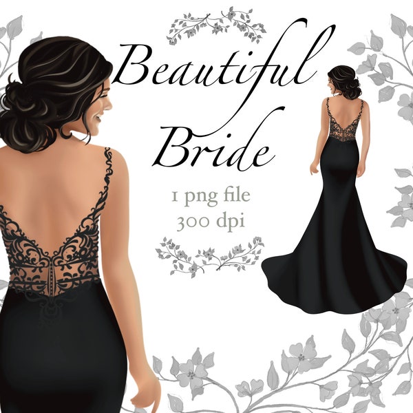 Bride in a black wedding dress clipart, black wedding gown, black hair bride png file