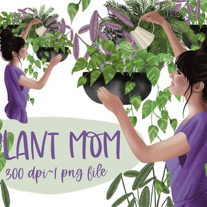 Frau mit Pflanzen Clipart, Zimmerpflanze Liebhaber, Gartenarbeit png, Aquarell Pflanze Mama Clipart, Mode Mädchen