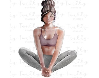 Watercolor Yoga Girl Clipart, Brunette Woman Clipart, Self Care Sublimation Design, Fashion Girl