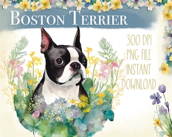 Whimsical Watercolor Boston Terrier Dog with Spring Flowers Clipart - Perfect for Sublimation - 300 DPI PNG File - instant download