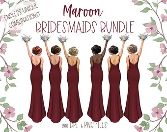 Bridesmaid clipart, Maroon bridesmaid dresses, wedding clipart, customizable bridal party, dark red dress