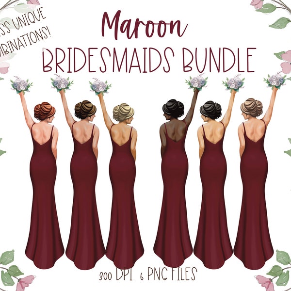 Bridesmaid clipart, Maroon bridesmaid dresses, wedding clipart, customizable bridal party, dark red dress