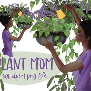 Maman plante, clipart femme noire, fille avec plantes d’intérieur png, clipart licence commerciale