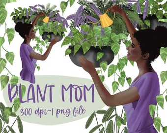 Plant mom, black woman clipart, girl with houseplants png, commercial license clipart