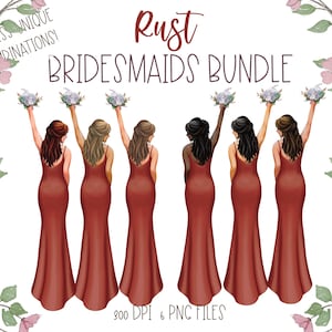 Bridesmaid customizable clipart, rust colored bridesmaid dresses, long hair bridal party clipart, burnt orange dress