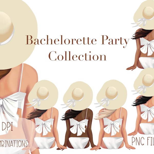 Woman in white bikini and floppy hat, beach bachelorette clipart, cruise and girls vaca png, best friends clipart bundle