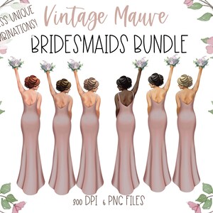 vintage mauve bridesmaids clipart bundle, bridesmaid proposition png files, fête de mariée personnalisable, demoiselles d’honneur personnalisées