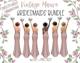 Vintage mauve bridesmaids clipart bundle, bridesmaid proposal png files, customizable bridal party, personalized bridesmaids