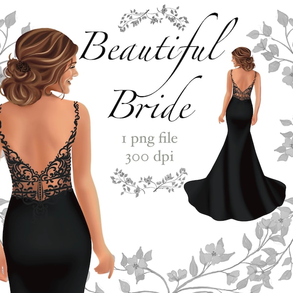Black wedding gown clipart, black wedding dress, bridal png sublimation design