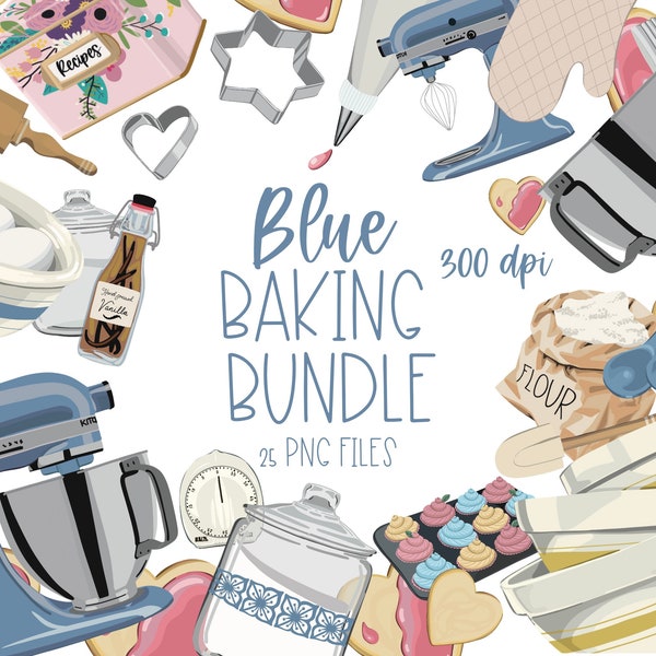 Baking clipart bundle, blue kitchen accessories, vintage kitchen clipart, cookie and cake decorating illustration