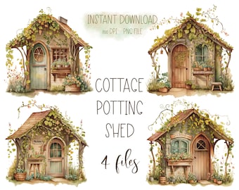 Whimsical cottage potting shed with flowers and vines watercolor clipart, clipart bundle, instant download png files