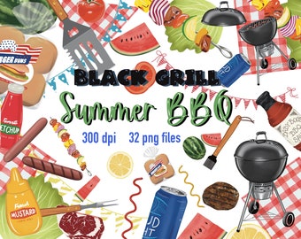 Black charcoal grill clipart bundle, neighborhood party graphics, summer cookout png files, realistic grilling clipart with food,