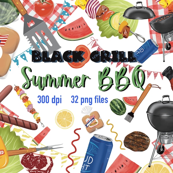 Black charcoal grill clipart bundle, neighborhood party graphics, summer cookout png files, realistic grilling clipart with food,