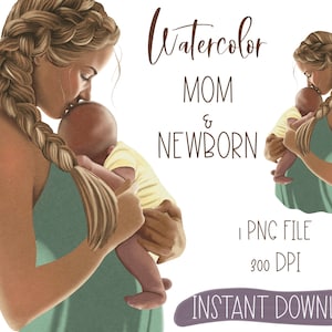 Clipart de acuarela y recién nacido, madre y bebé png, diseño de clipart de baby shower, regalo de nueva mamá, descarga instantánea de arte de pared de guardería,